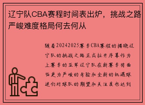 辽宁队CBA赛程时间表出炉，挑战之路严峻难度格局何去何从